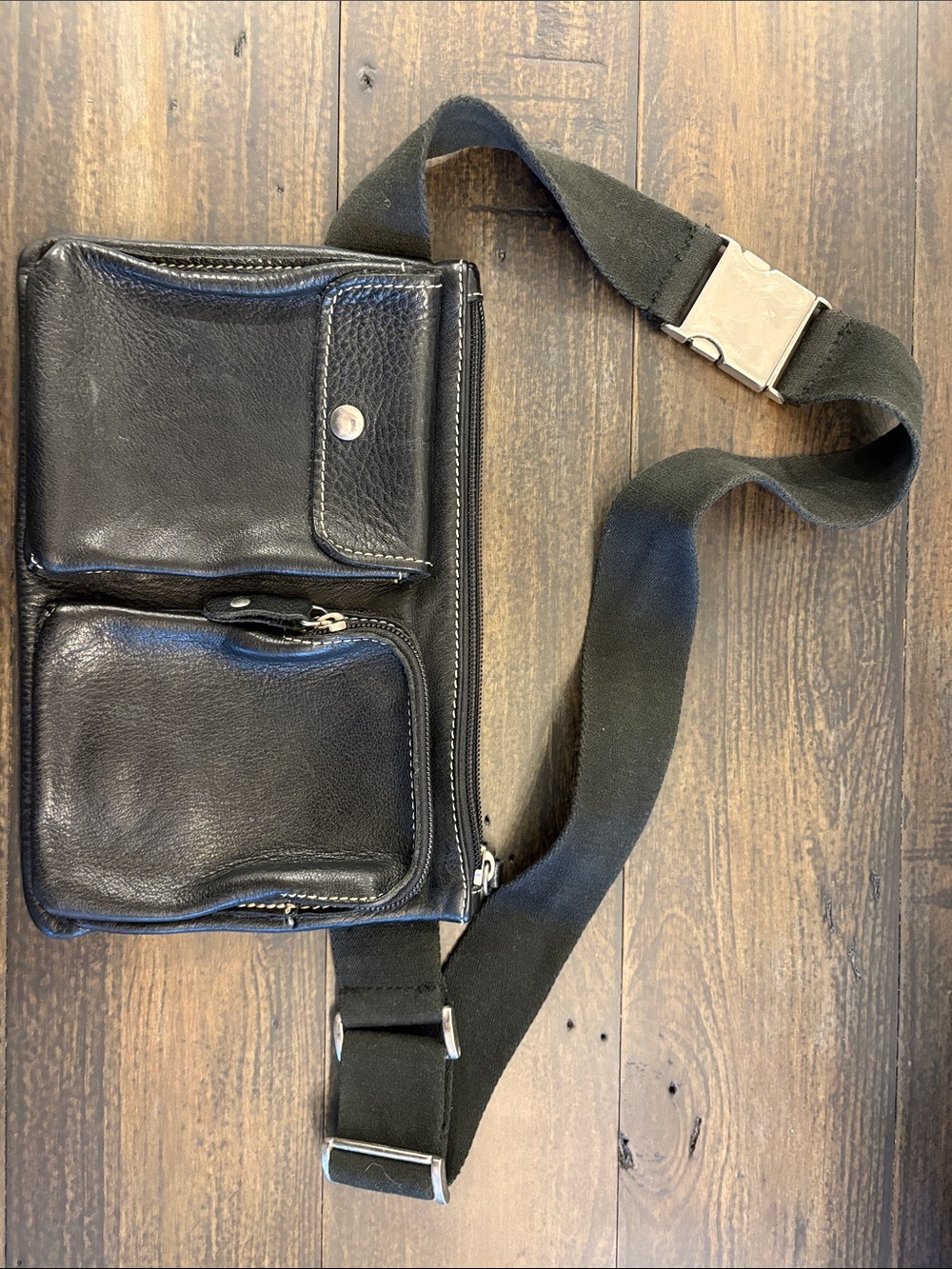 Roots Black Leather Belt Bag with Dual Front Pockets